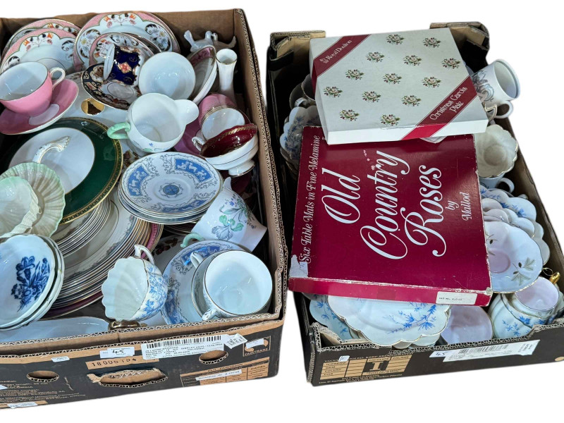 Four boxes of decorative porcelain including Coalport Revelry, Old Country Roses, Belleek, etc.