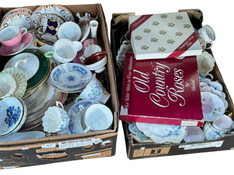 Four boxes of decorative porcelain including Coalport Revelry, Old Country Roses, Belleek, etc. thumbnail