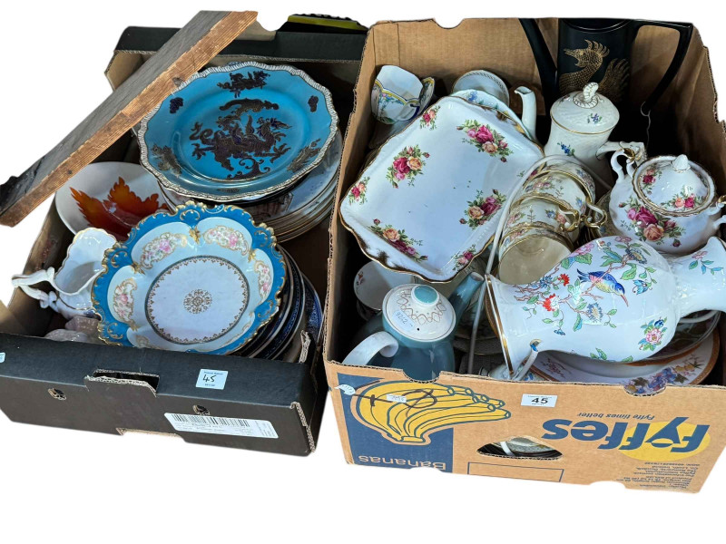 Four boxes of decorative porcelain including Coalport Revelry, Old Country Roses, Belleek, etc.