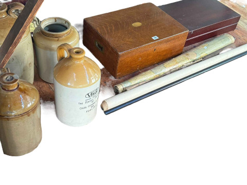 Three Stoneware bottles and jar, part canteen of cutlery, map , etc.
