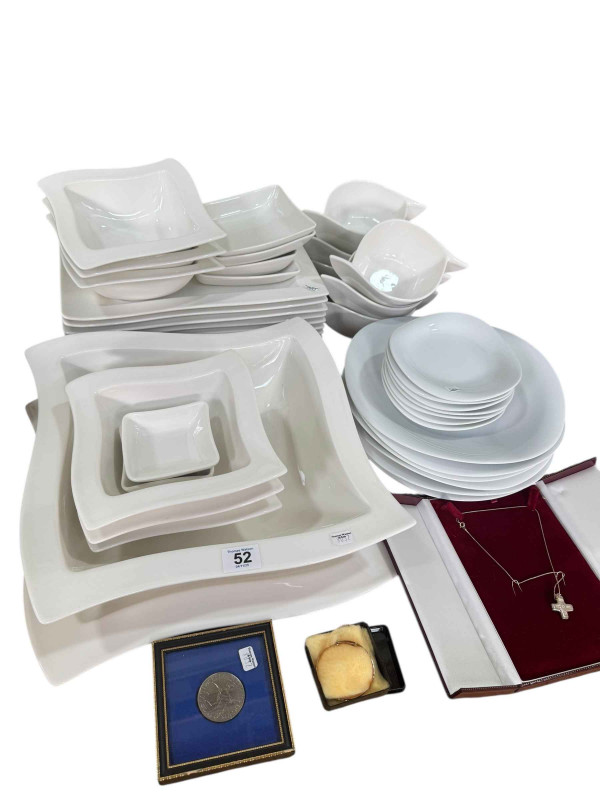 Collection of Villeroy & Boch and Georg Jensen tablewares, silver cross pendant and chain, christening bracelet, etc.