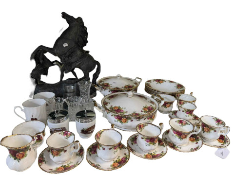 Royal Albert Old Country Roses, spelter horse group, glass, etc.