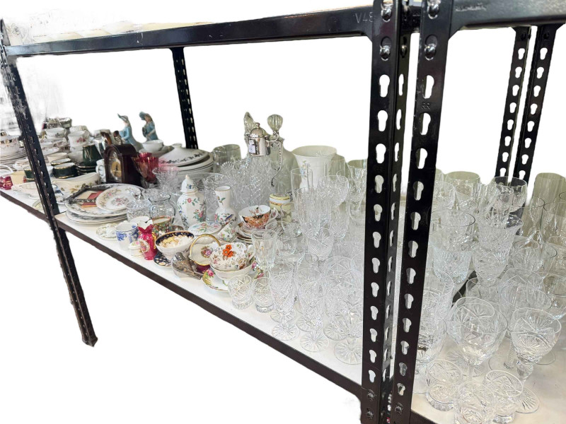 Collection of part tea wares, glass, metal wares, mantel clock, etc.