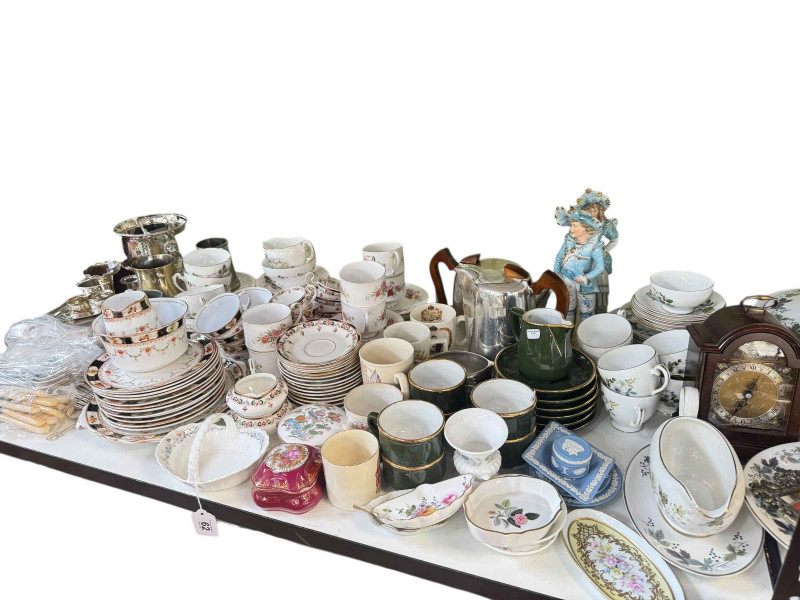 Collection of part tea wares, glass, metal wares, mantel clock, etc.