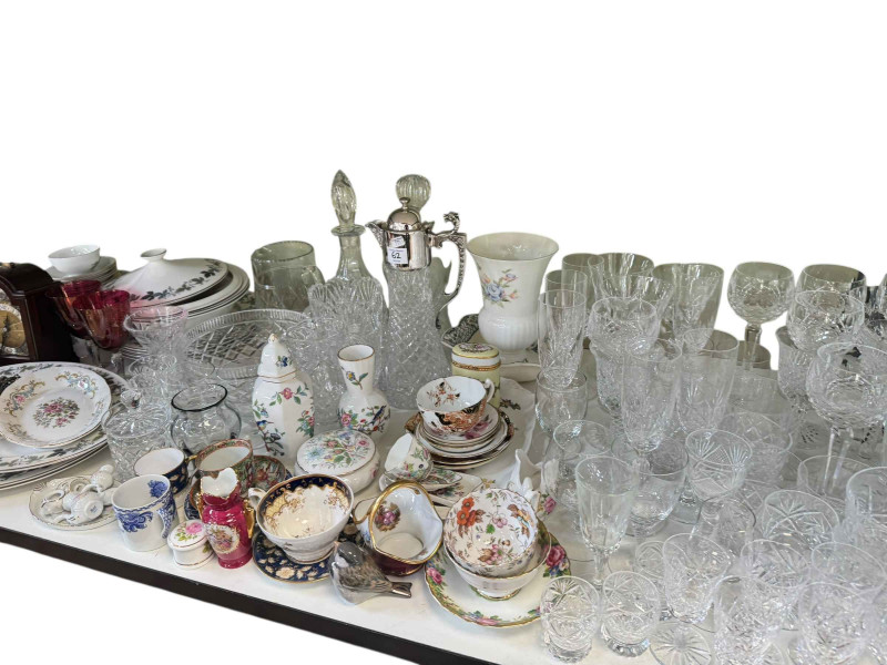 Collection of part tea wares, glass, metal wares, mantel clock, etc.