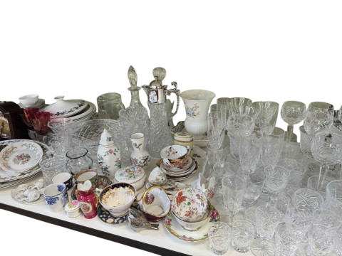 Collection of part tea wares, glass, metal wares, mantel clock, etc. thumbnail