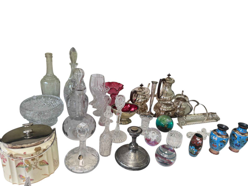 Cloisonné vases, silver plated tea set, glass decanters, etc.