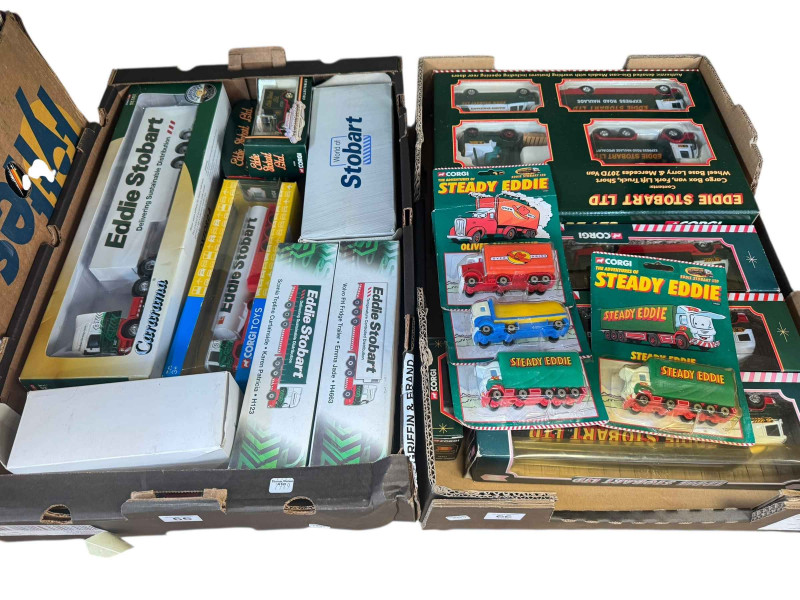 Two boxes of Eddie Stobart diecast model vehicles, etc.