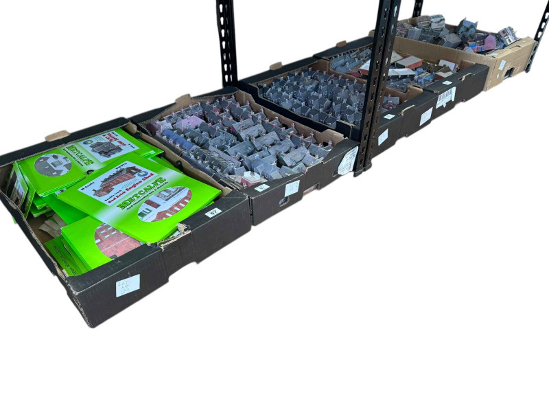 Five boxes of train track buildings, card construction kits and materials, etc.