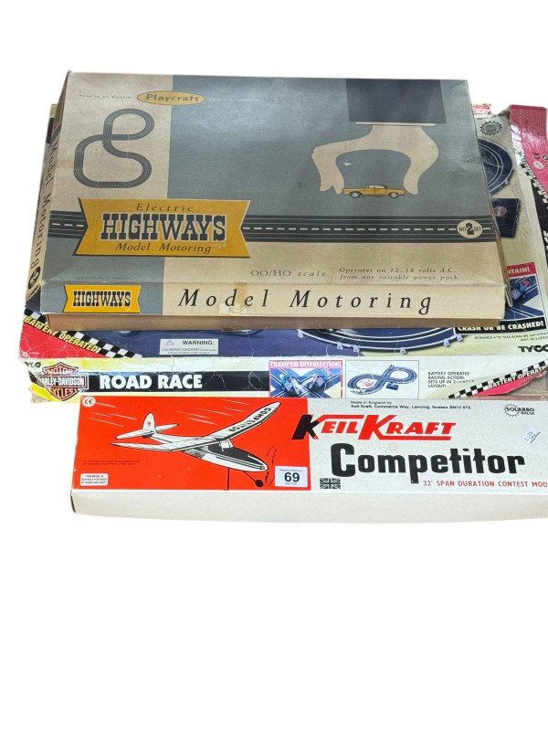 HIghways Model Motoring No 2 set, Harley Davidson Cycles Road Race and Keil Kraft Competitor Contest Model.