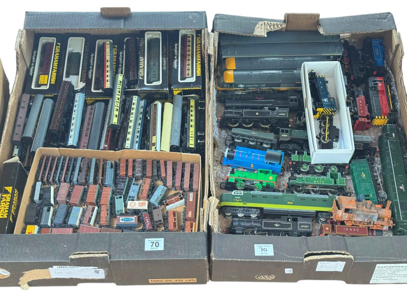 Two boxes of train carriages, 00 gauge locomotives including Graham Farish, Hornby, etc.