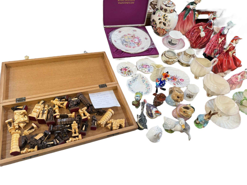Royal Doulton lady figurines, Royal Crown Derby paperweight, Belleek, Beswick, chess set, etc.