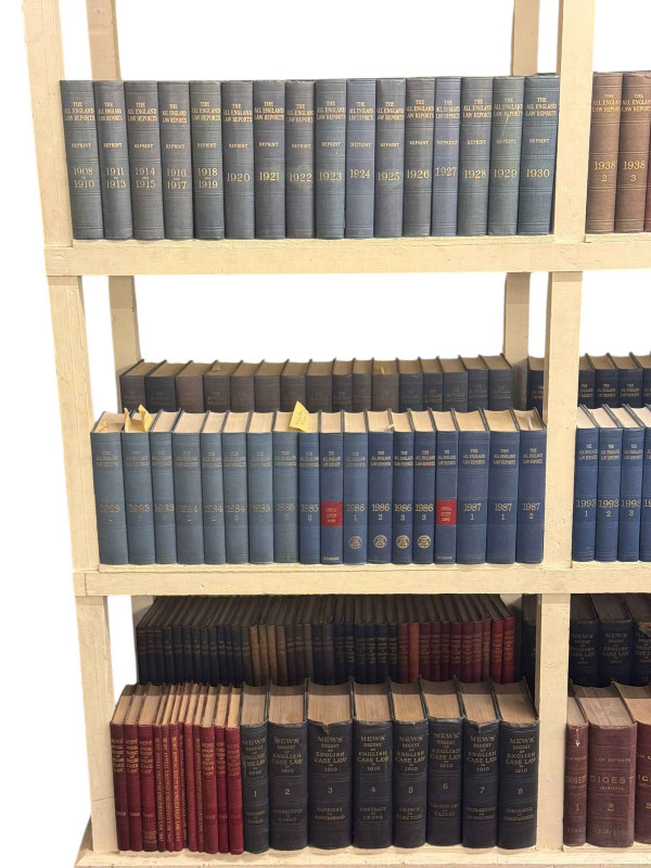 Vast collection of law books dating circa 1900 to 2014 including Family Law Reports, The All England Law Reports, Mew's Digest, etc.