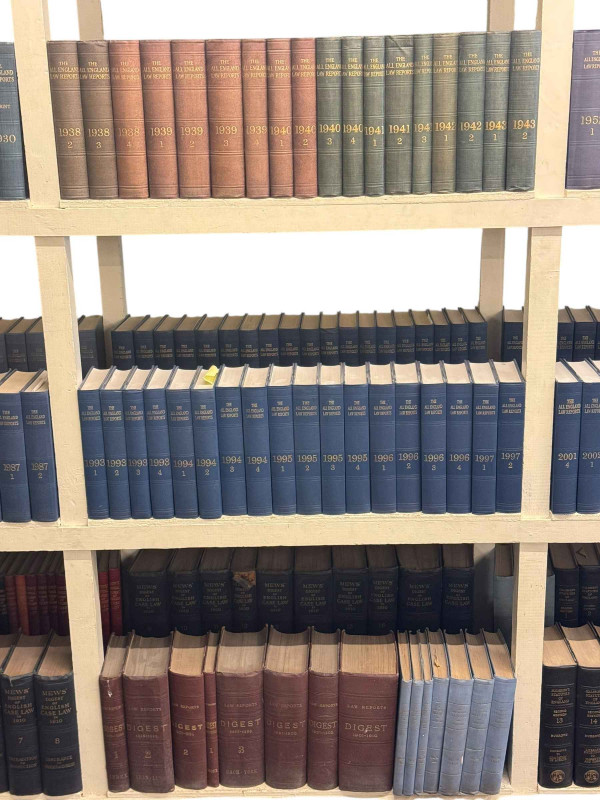 Vast collection of law books dating circa 1900 to 2014 including Family Law Reports, The All England Law Reports, Mew's Digest, etc.