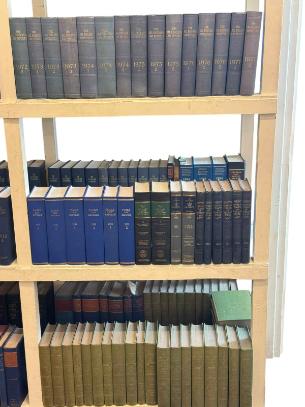 Vast collection of law books dating circa 1900 to 2014 including Family Law Reports, The All England Law Reports, Mew's Digest, etc.
