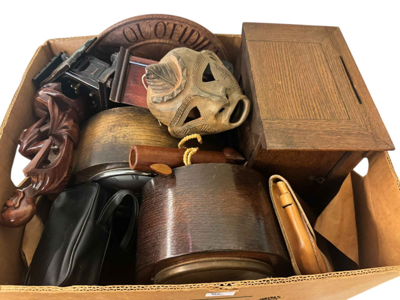 Art Folio folders with artwork, decorative pottery, wooden wares, nest of tables, lidded bucket, etc.