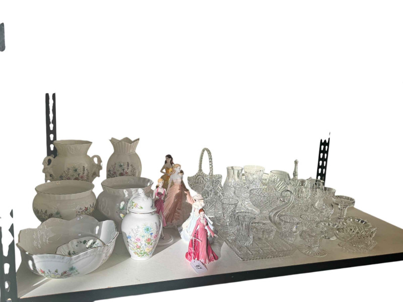 Coalport lady figurines, Aynsley, cut glass, etc.