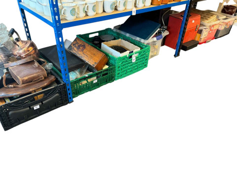 Collection of binoculars, metalwares, 8mm slides, precious stone eggs,...