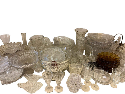 Large collection of glass including cruet sets, decanter stoppers, etc. thumbnail