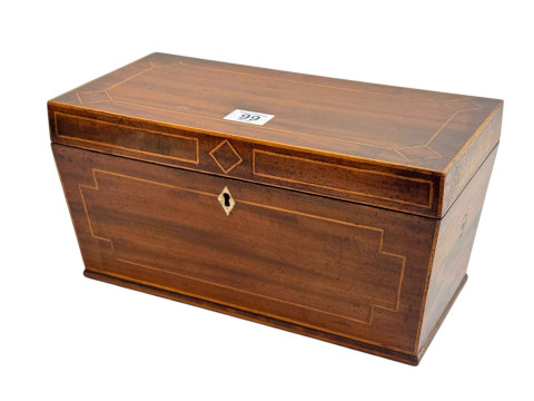 Edwardian inlaid tea caddy with two compartments and glass mixing bowl.