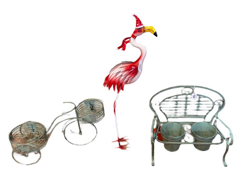 Three garden ornaments including flamingo, planters, etc.