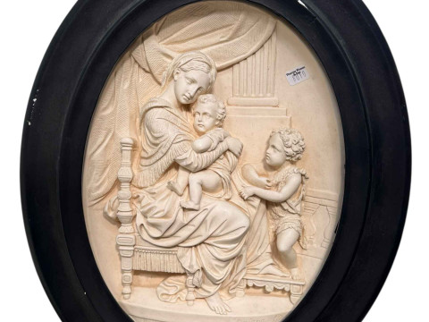 Oval relief moulded plaque 'La Vierge a la Chaisse' signed Fontana, 40cm...