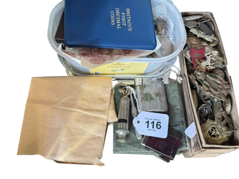 Collection of miliary badges inc silver, ARP whistle, banknotes, worldwide...