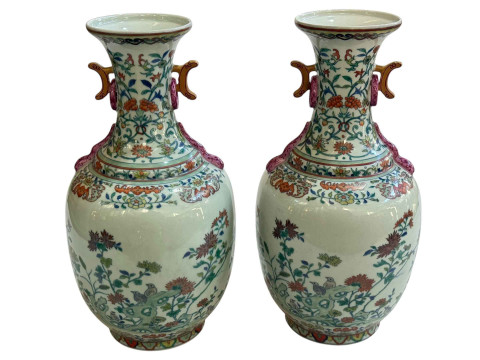 Pair of large Chinese Celadon vases with twin ring design handles, floral...