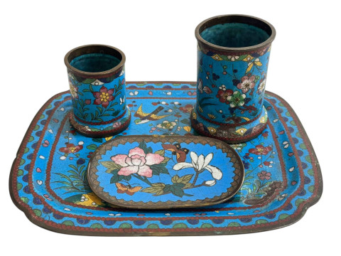 Chinese Cloisonné brush pots and tray set.