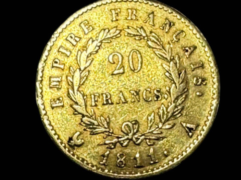1811 French Napoleon I gold 20 Francs coin.