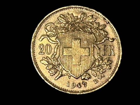 Switzerland 1947 gold 20 Francs.