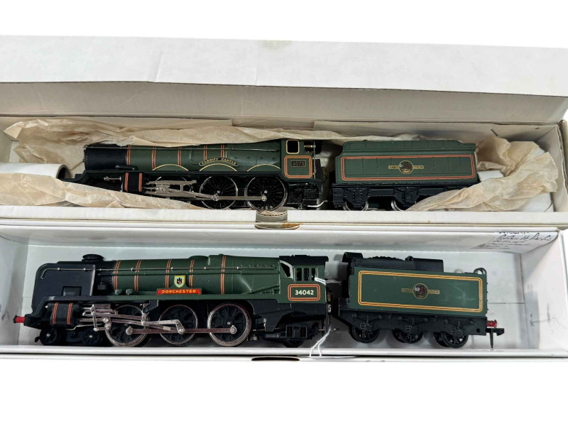 Two boxed Wrenn locomotives (Dorchester and Cardiff Castle).