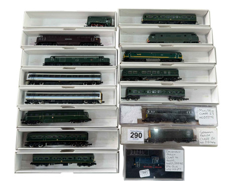 Twelve N Gauge mixed locomotives.