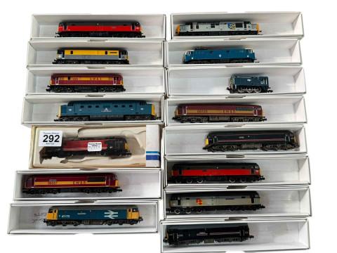 Fifteen N Gauge mixed diesel engines.