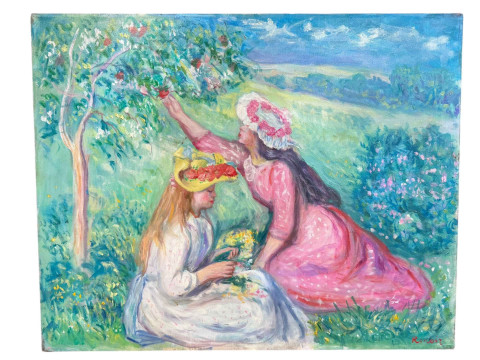 Elmyr De Hory. After Renoir, Two Girls Picking Fruit and Flowers, oil...