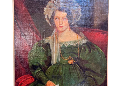 Mid 19th Century Portrait of a Young Lady in a Green Dress, unsigned oil...