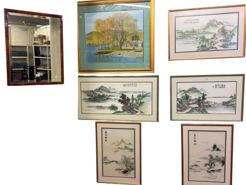A Egelson, Lakeside Buildings, oil painting, six Oriental pictures, and...