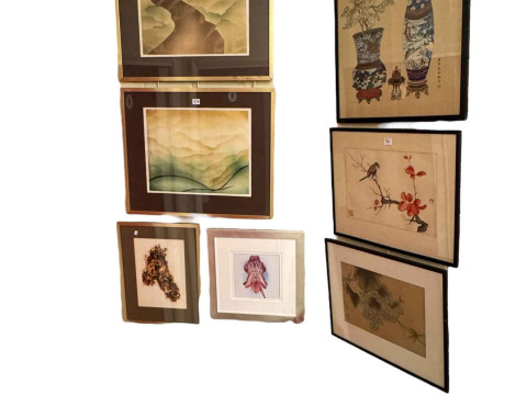 Allan D Martin, pair atmospheric landscapes and burnt root, three Oriental...