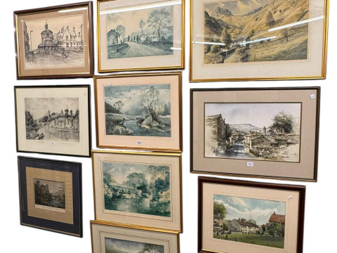 Sam Chadwick, three limited edition prints and watercolour, Tennick etching...