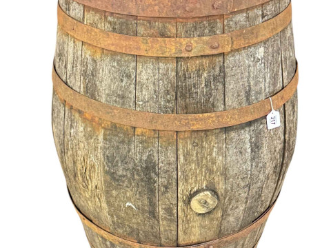 Metal strap bound whisky barrel, 99cm.