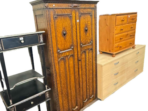 1920's/30's two door hall wardrobe, pair black and silvered lamp tables,...