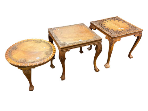 Three various Oriental carved hardwood low tables on ball and claw legs,...
