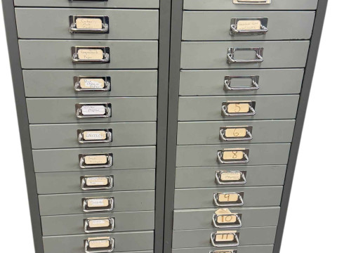 Pair Bisley two tone grey steel fifteen drawer index cabinets, 94cm by...