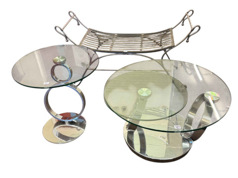 Contemporary circular glass and chrome adjustable two level coffee table,...