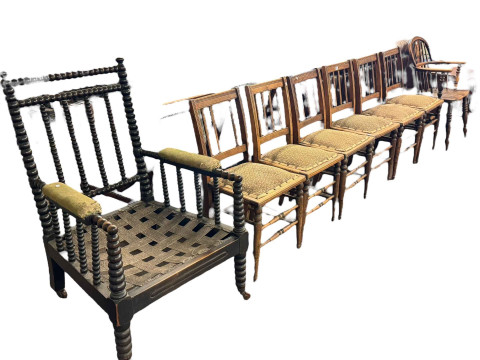 Antique Windsor elbow chair with crinoline stretcher, set of six Edwardian...