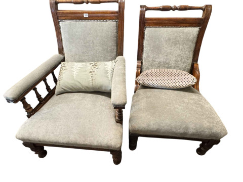 Pair Victorian ladies and gents chairs on turned legs.