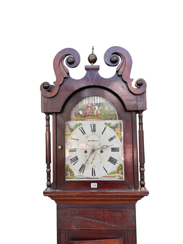 Antique oak, mahogany and line inlaid eight day longcase clock having painted arched dial, 231cm.