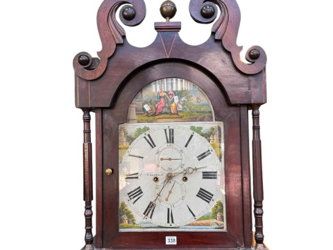 Antique oak, mahogany and line inlaid eight day longcase clock having painted arched dial, 231cm. thumbnail