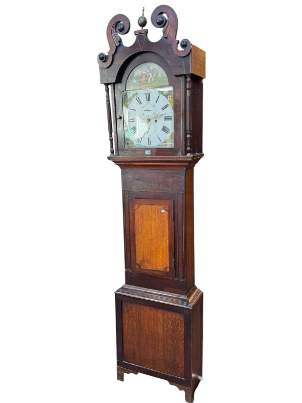 Antique oak, mahogany and line inlaid eight day longcase clock having painted arched dial, 231cm.