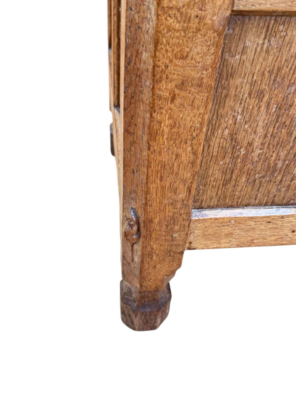 Robert Thompson of Kilburn 'Mouseman' adzed oak and panelled blanket box, 47cm by 105.5cm by 40cm.